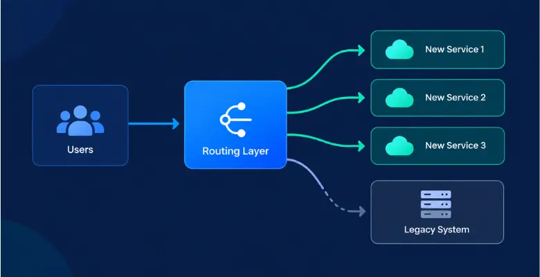 Diagram of a routing layer sending some requests to new services and the rest to the legacy system